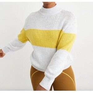 Aerie Oh So Soft Mock Neck Yellow Stripe Chunky Sweater Size XS NWT
